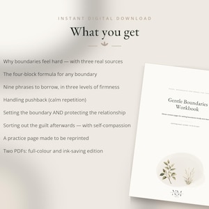 May include: A digital workbook titled Gentle Boundaries Workbook with a list of contents including why boundaries feel hard, a four-block formula, nine phrases, handling pushback, protecting relationships, sorting guilt, a practice page, and two PDFs.