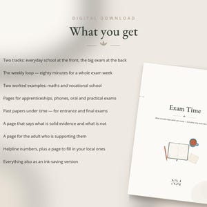 Könnte beinhalten: Ein digitales Download-Dokument mit dem Titel Exam Time, das eine Inhaltsliste mit zwei Spuren, einer wöchentlichen Schleife, Arbeitsbeispielen, Seiten für Ausbildungen, Prüfungen, Nachweisen, Unterstützung, Notrufnummern und einer tintensparenden Version enthält.