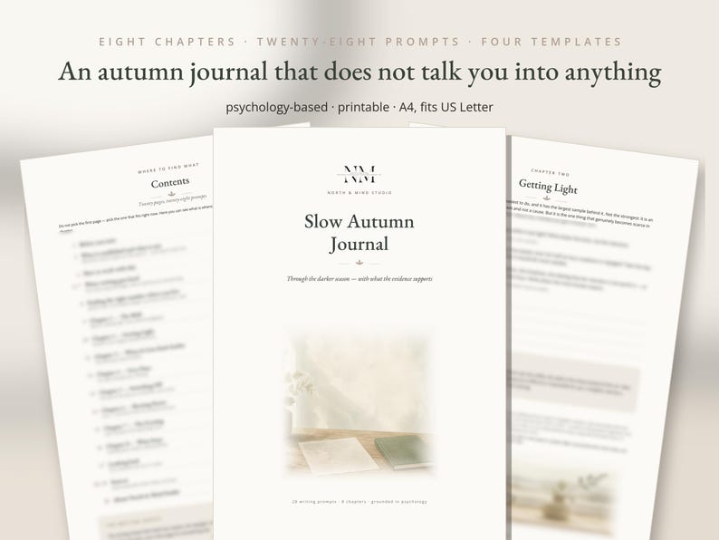 May include: A printable Slow Autumn Journal with eight chapters, twenty-eight prompts, and four templates. The document features the text: Eight chapters, twenty-eight prompts, four templates, An autumn journal that does not talk you into anything, psychology-based, printable, A4, fits US Letter.
