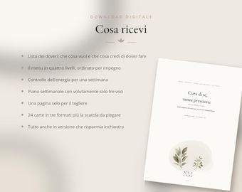 Puede incluir: Un documento de descarga digital titulado 'Cosa ricevi' que presenta una lista de elementos que incluye una lista de tareas, un menú de cuatro niveles, un rastreador de energía, un plan semanal, una página de eliminación, 24 tarjetas y una versión.