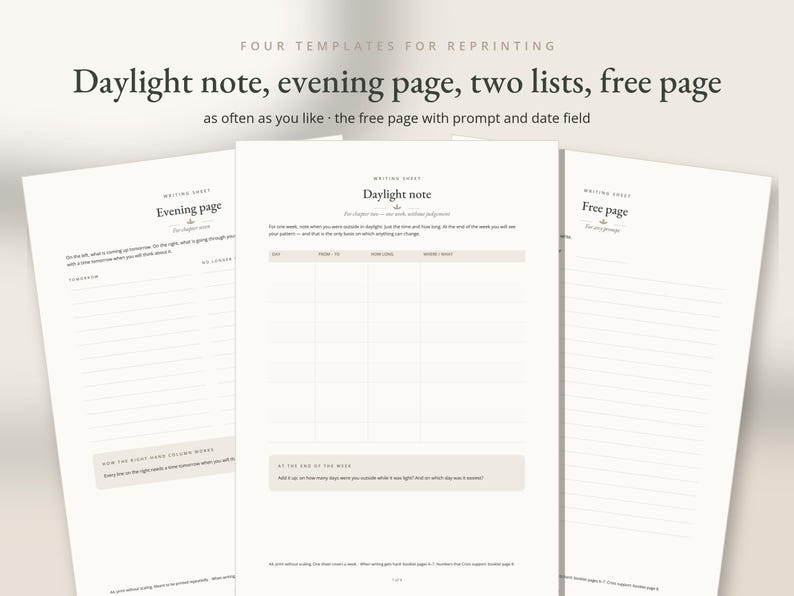 May include: Four printable writing templates featuring a Daylight note, an evening page, two lists, and a free page. Each white sheet includes black text, structured columns, and lined sections for daily planning, notes, and prompts with date fields.