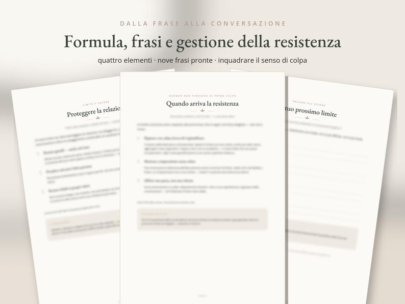 May include: Three white pages of printed text with dark grey headings and subheadings. The central page features the title 'Quando arriva la resistenza' and lists numbered points. The text is in Italian, focusing on communication and conversation.