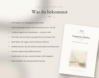 Puede incluir: Un documento de descarga digital titulado Langsamer Herbst que presenta una lista de contenidos en alemán. El documento incluye ocho capítulos, veintiocho impulsos, líneas de escritura, números de emergencia y catorce ilustraciones en acuarela.