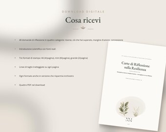 May include: A digital download document titled Carte di Riflessione sulla Resilienza, featuring a list of contents including 40 reflection questions, scientific introduction, and three print formats with dashed cut lines and ink-saving options.