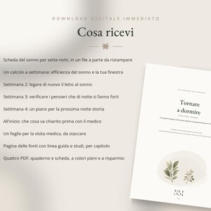 Może przedstawiać: Cyfrowy dokument do pobrania zatytułowany Tornare a dormire, zawierający listę element&oacute;w do monitorowania snu, w tym dziennik snu na siedem nocy, cotygodniowe obliczenia wydajności oraz r&oacute;żne przewodniki, przedstawione w języku włoskim.