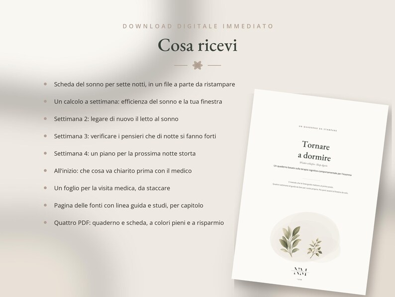 Może przedstawiać: Cyfrowy dokument do pobrania zatytułowany Tornare a dormire, zawierający listę element&oacute;w do monitorowania snu, w tym dziennik snu na siedem nocy, cotygodniowe obliczenia wydajności oraz r&oacute;żne przewodniki, przedstawione w języku włoskim.
