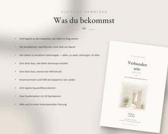 Puede incluir: Un documento de descarga digital titulado Verbunden sein con una ilustración en acuarela de una puerta abierta. El texto enumera el contenido, incluidos cinco capítulos sobre intimidad, notas de contacto y ocho ilustraciones en acuarela.