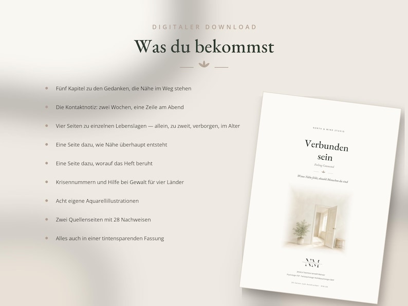 K&ouml;nnte beinhalten: Ein digitaler Download mit dem Titel Verbunden sein, der eine Aquarellillustration einer offenen T&uuml;r zeigt. Der Text listet den Inhalt auf, darunter f&uuml;nf Kapitel &uuml;ber N&auml;he, Kontaktnotizen, vier Seiten zu Lebenslagen und acht Aquarellillustrationen.
