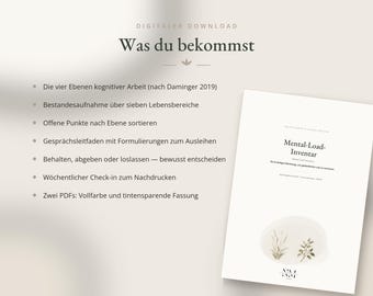 Puede incluir: Un documento de descarga digital titulado Mental-Load-Inventar que presenta una lista de contenidos que incluye niveles de trabajo cognitivo, áreas de vida, clasificación de tareas, guías de conversación y seguimientos semanales.