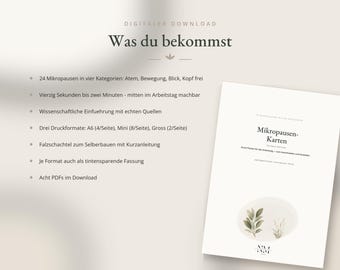 May include: A digital download product listing featuring a white document titled Mikropausen-Karten with a botanical illustration. The text lists 24 micro-break activities in four categories, three print formats, and a DIY folding box template.