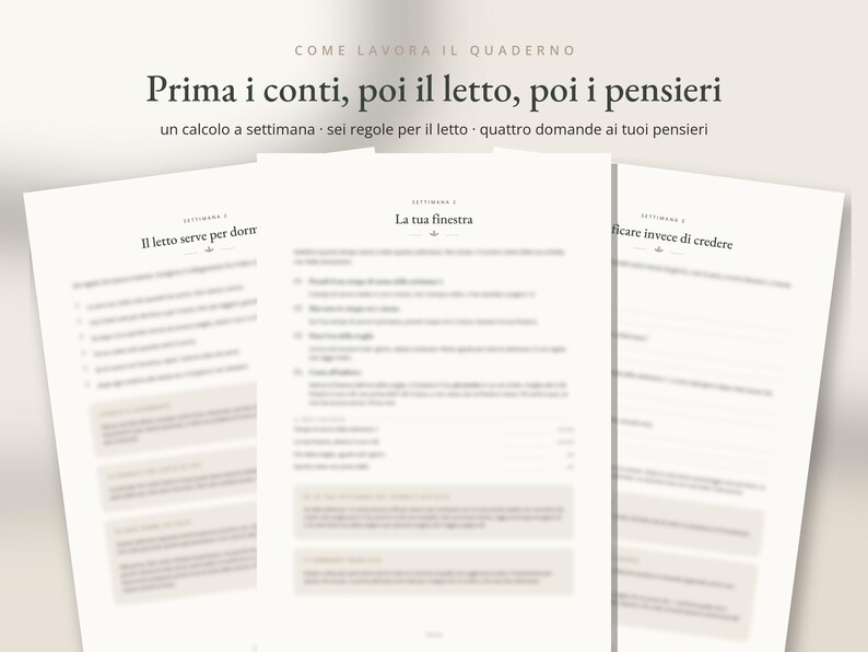 Może przedstawiać: Trzy białe arkusze papieru z czarnym tekstem w języku włoskim, zawierające nagł&oacute;wki takie jak 'Prima i conti, poi il letto, poi i pensieri' oraz 'La tua finestra'. Strony zawierają uporządkowane listy, numerowane pytania i jasnobeżowe prostokątne pola tekstowe.