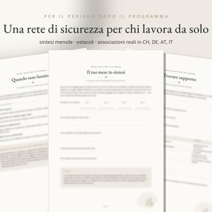 Puede incluir: Tres p&aacute;ginas de documentos blancas con texto y encabezados en negro. La p&aacute;gina central muestra el t&iacute;tulo 'Il tuo mese in sintesi' con secciones para res&uacute;menes mensuales, obst&aacute;culos y asociaciones en CH, DE, AT e IT. El dise&ntilde;o es limpio y profesional.
