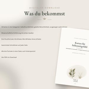 May include: A digital download product listing featuring a white document titled Karten f&uuml;r Selbstmitgef&uuml;hl with a botanical illustration. The text lists 36 cards in three categories, scientific introduction, three print formats, and four PDF files.