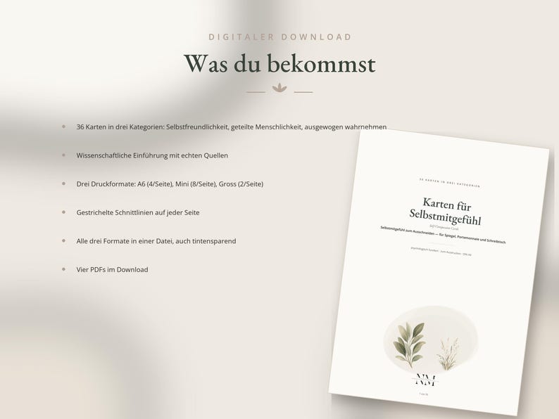 May include: A digital download product listing featuring a white document titled Karten f&uuml;r Selbstmitgef&uuml;hl with a botanical illustration. The text lists 36 cards in three categories, scientific introduction, three print formats, and four PDF files.
