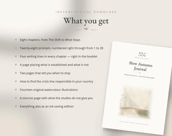 Puede incluir: Una descarga digital titulada Slow Autumn Journal que incluye ocho capítulos, veintiocho indicaciones, cuatro líneas de escritura por capítulo, dos páginas para detenerse, información sobre líneas de crisis, catorce ilustraciones en acuarela y una edición de ahorro de tinta.