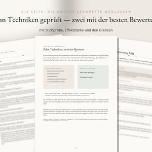 May include: Three white pages of a document with black text in German. The central page features the title Zehn Techniken, zwei mit Bestnote, with two colored boxes highlighting learning techniques. The text discusses study methods and evaluations.