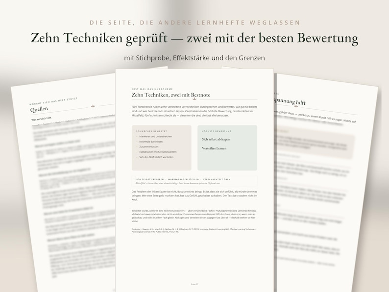 May include: Three white pages of a document with black text in German. The central page features the title Zehn Techniken, zwei mit Bestnote, with two colored boxes highlighting learning techniques. The text discusses study methods and evaluations.