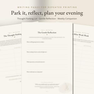 May include: Three off-white printable writing pages featuring the text Park it, reflect, plan your evening, Thought Parking Lot, Gentle Reflection, Weekly Companion, The Thought Parking, The Gentle Reflection, and After-Work Week with lined sections.