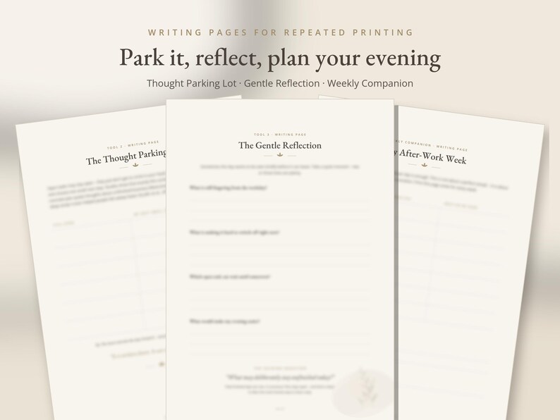 May include: Three off-white printable writing pages featuring the text Park it, reflect, plan your evening, Thought Parking Lot, Gentle Reflection, Weekly Companion, The Thought Parking, The Gentle Reflection, and After-Work Week with lined sections.