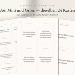 May include: A set of printable cards featuring German text, presented in three formats: A6, mini, and large. The document displays 24 cards with instructions for daily activities, including the text 'DREI FORMATE IN EINER DATEI' and 'A6, Mini und Gross &mdash; dieselben 24 Karten'.