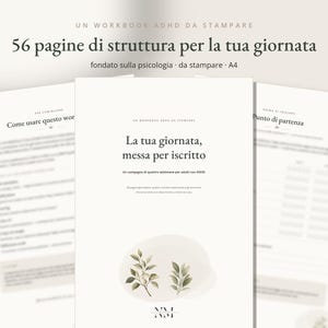Puede incluir: Un cuaderno de ejercicios TDAH imprimible en formato A4 con 56 p&aacute;ginas de estructura diaria. La portada muestra el texto 'La tua giornata, messa per iscritto' y 'Un compagno di quattro settimane per adulti con ADHD' con una ilustraci&oacute;n en acuarela de dos ramas con hojas.
