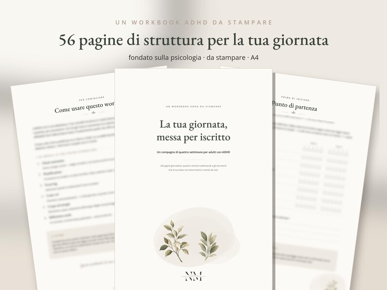 Puede incluir: Un cuaderno de ejercicios TDAH imprimible en formato A4 con 56 p&aacute;ginas de estructura diaria. La portada muestra el texto 'La tua giornata, messa per iscritto' y 'Un compagno di quattro settimane per adulti con ADHD' con una ilustraci&oacute;n en acuarela de dos ramas con hojas.