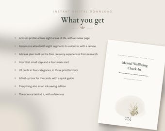 Puede incluir: Una descarga digital titulada Mental Wellbeing Check-In que muestra una lista de elementos incluidos: perfil de estrés, rueda de recursos, plan de descanso, inicio de cuatro semanas, 20 tarjetas en cuatro categorías, caja plegable, edición de ahorro de tinta y referencias.