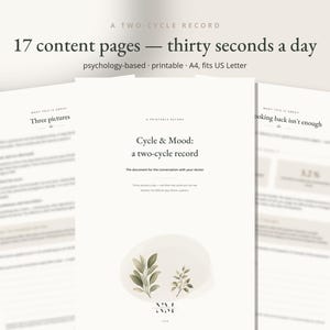 Op de afbeelding: Een printbaar document getiteld Cycle & Mood: a two-cycle record met 17 inhoudspagina's. De omslag bevat de tekst thirty seconds a day, psychology-based, printable, A4, fits US Letter en een afbeelding van twee groene bladerige planttakjes.