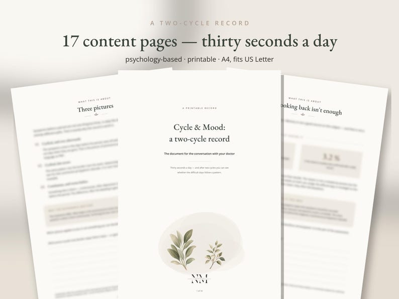Op de afbeelding: Een printbaar document getiteld Cycle & Mood: a two-cycle record met 17 inhoudspagina's. De omslag bevat de tekst thirty seconds a day, psychology-based, printable, A4, fits US Letter en een afbeelding van twee groene bladerige planttakjes.