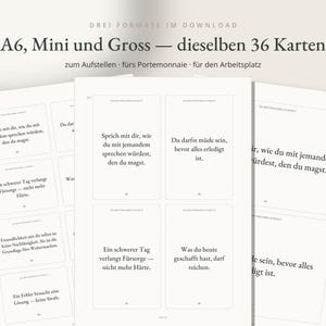 May include: A set of printable cards featuring German text on a white background. The cards contain phrases such as 'Sprich mit dir, wie du mit jemandem sprechen w&uuml;rdest, den du magst' and 'Ein schwerer Tag verlangt F&uuml;rsorge &mdash; nicht mehr H&auml;rte'.