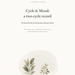 May include: A printable record titled Cycle & Mood: a two-cycle record, featuring the text The document for the conversation with your doctor and Thirty seconds a day — and after two cycles you can see whether the difficult days follow a pattern.