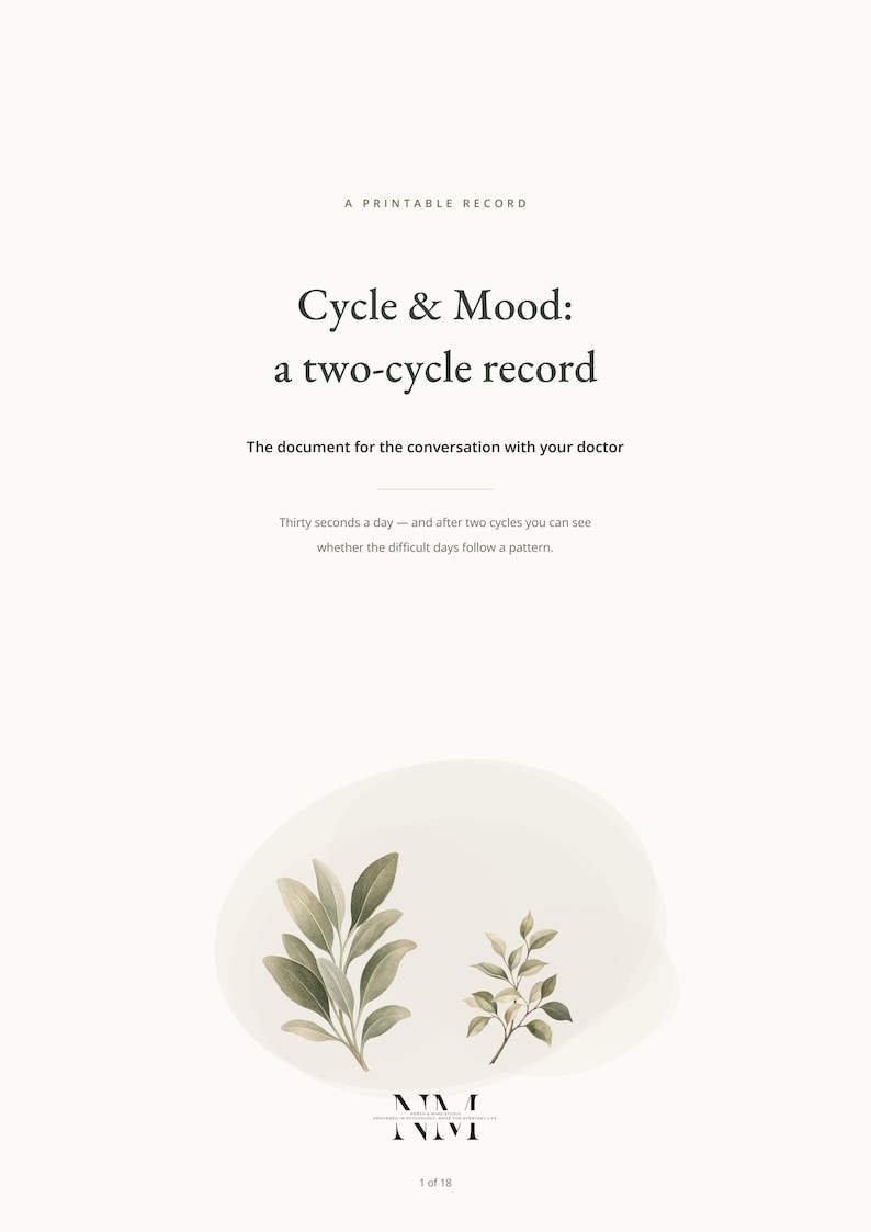 Op de afbeelding: Een printbaar document getiteld Cycle & Mood: a two-cycle record, met de tekst The document for the conversation with your doctor en Thirty seconds a day &mdash; and after two cycles you can see whether the difficult days follow a pattern.