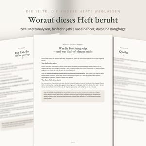K&ouml;nnte beinhalten: Drei wei&szlig;e Dokumentenseiten mit schwarzem Text. Die mittlere Seite zeigt die &Uuml;berschrift "Was die Forschung zeigt" und "und was das Heft daraus macht," gefolgt von Abs&auml;tzen mit deutschem Text und einem hellbeigen Textkasten.