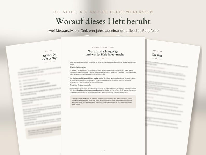 K&ouml;nnte beinhalten: Drei wei&szlig;e Dokumentenseiten mit schwarzem Text. Die mittlere Seite zeigt die &Uuml;berschrift "Was die Forschung zeigt" und "und was das Heft daraus macht," gefolgt von Abs&auml;tzen mit deutschem Text und einem hellbeigen Textkasten.