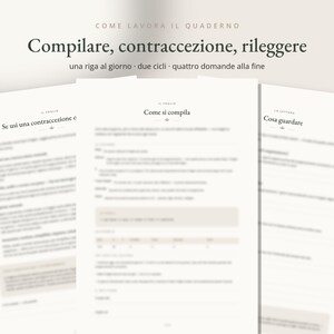 May include: Three white paper pages with black text and headings. The central page features the title Come si compila, with subheadings including Compilare, contraccezione, rileggere and una riga al giorno, due cicli, quattro domande alla fine.