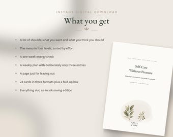 Puede incluir: Un documento de descarga digital titulado Self-Care Without Pressure, que incluye una lista de contenidos como un menú, control de energía, plan semanal y 24 tarjetas. El documento tiene un fondo blanco con una ilustración de hojas verdes abajo.