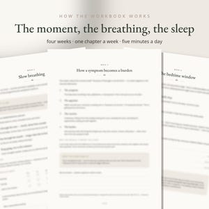 May include: A multi-page workbook featuring the title The moment, the breathing, the sleep and the subtitle four weeks, one chapter a week, five minutes a day. The pages include headings such as Slow breathing and How a symptom becomes a burden.