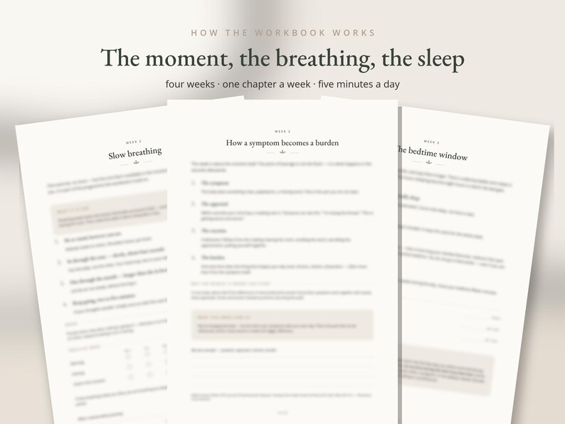 May include: A multi-page workbook featuring the title The moment, the breathing, the sleep and the subtitle four weeks, one chapter a week, five minutes a day. The pages include headings such as Slow breathing and How a symptom becomes a burden.