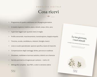 Puede incluir: Un documento de descarga digital titulado La tua giornata, i tuoi stimoli, que presenta una lista de contenidos que incluye un programa de cuatro semanas, módulos diarios, perfiles sensoriales y recursos sobre salud mental en italiano.
