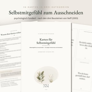 May include: Three white paper sheets featuring printed text and illustrations. The central sheet displays the title "Selbstmitgef&uuml;hl zum Ausschneiden" and "Karten f&uuml;r Selbstmitgef&uuml;hl" with a small watercolour-style graphic of green leaves and grass at the bottom.