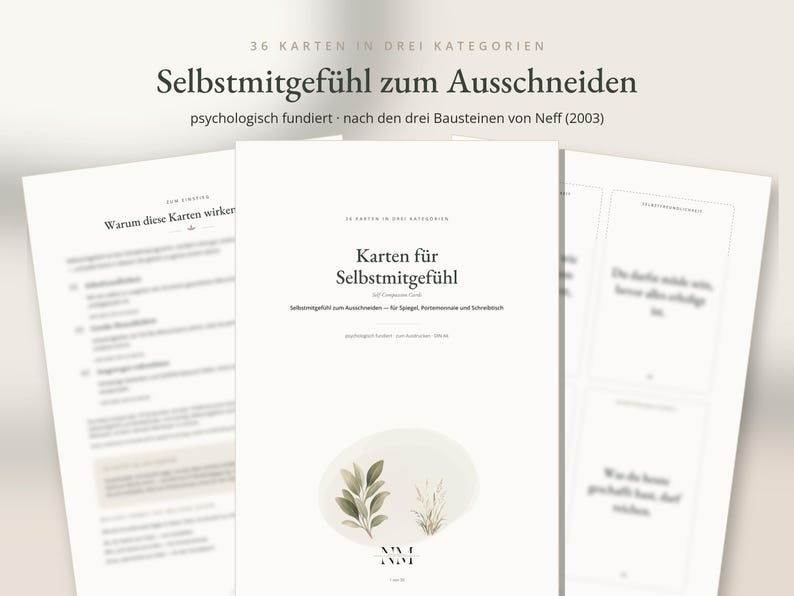 May include: Three white paper sheets featuring printed text and illustrations. The central sheet displays the title "Selbstmitgef&uuml;hl zum Ausschneiden" and "Karten f&uuml;r Selbstmitgef&uuml;hl" with a small watercolour-style graphic of green leaves and grass at the bottom.