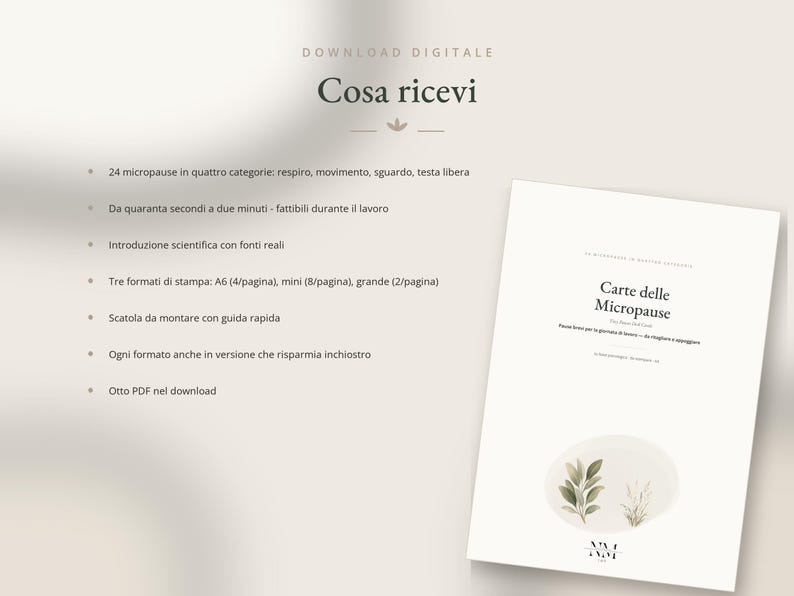 May include: A digital download product information sheet titled Cosa ricevi, featuring a list of 24 micropause activities in four categories. The document includes a cover page titled Carte delle Micropause with a small illustration of green leaves.
