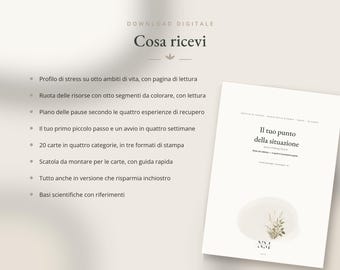 Puede incluir: Un documento de descarga digital titulado Il tuo punto della situazione que muestra una lista de elementos incluidos: un perfil de estrés, una rueda de recursos, un plan de descanso, una guía de inicio de cuatro semanas y veinte tarjetas.