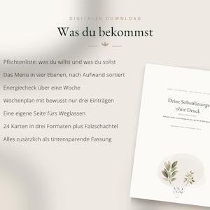 May include: A digital download information sheet titled Was du bekommst, listing features including a duty list, a four-level menu, a weekly energy check, a three-entry weekly plan, a page for omissions, 24 cards in three formats, and ink-saving versions.