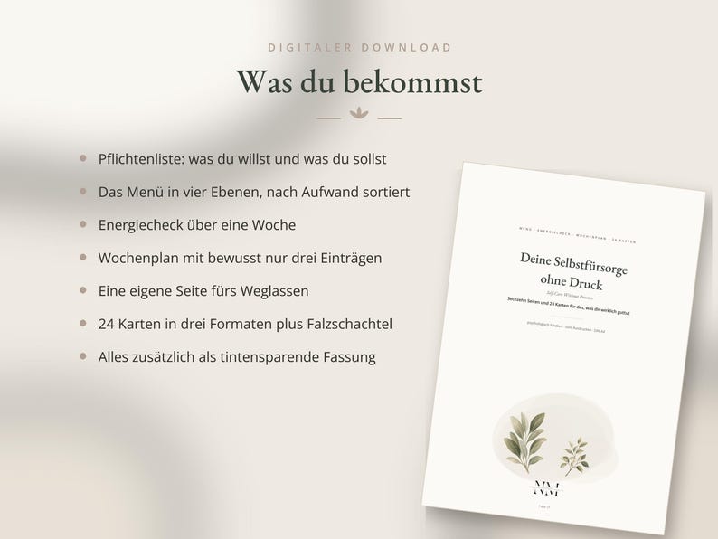 May include: A digital download information sheet titled Was du bekommst, listing features including a duty list, a four-level menu, a weekly energy check, a three-entry weekly plan, a page for omissions, 24 cards in three formats, and ink-saving versions.