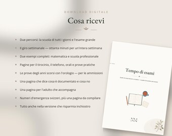 Puede incluir: Un documento de descarga digital titulado Tempo di esami que presenta una lista de contenidos en italiano. El documento incluye secciones para la escuela diaria, horarios semanales, ejemplos de matemáticas y formación profesional.