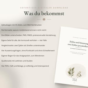 May include: A digital download document titled Zyklus und Stimmung: zwei Zyklen protokollieren, featuring a list of contents in German including cycle sheets, comparison pages, and medical discussion forms, decorated with a small botanical illustration.