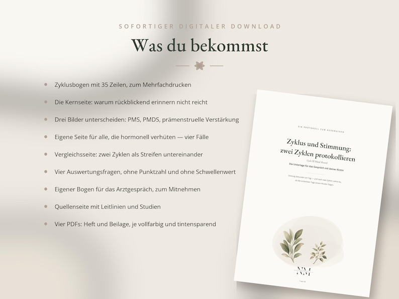 May include: A digital download document titled Zyklus und Stimmung: zwei Zyklen protokollieren, featuring a list of contents in German including cycle sheets, comparison pages, and medical discussion forms, decorated with a small botanical illustration.