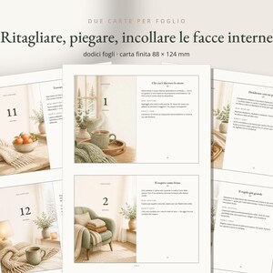 May include: A set of printable cards featuring twelve sheets with a finished size of 88 x 124 mm. Each card displays numbered pages, Italian text, and photographic imagery of cozy interior scenes including mugs, blankets, and armchairs.