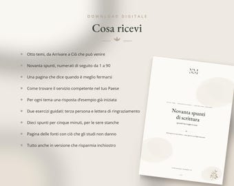 Puede incluir: Un documento de descarga digital titulado Novanta spunti di scrittura que presenta una lista de contenidos en italiano que incluye ocho temas, noventa ideas para escribir, ejercicios guiados y una página de recursos sobre fondo blanco.